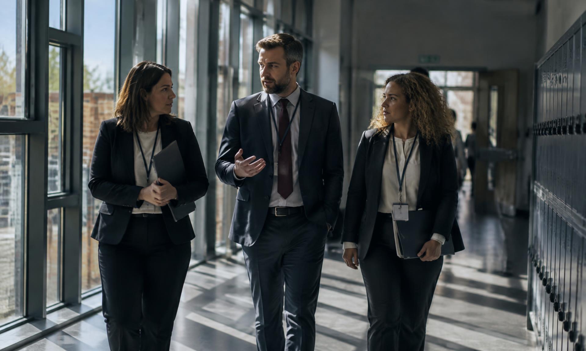 Education leaders walking through a school corridor